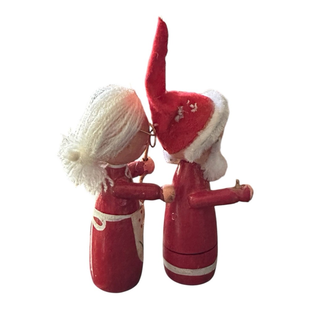 Vintage Santa & Mrs Claus Wood Peg Doll Christmas Ornaments Set of 2 - Picture 2 of 5